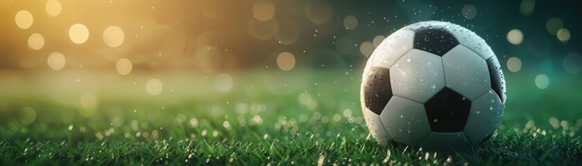 Fototapeta premium A soccer ball on a grassy field under evening lights, capturing the essence of the game and the beautiful atmosphere.
