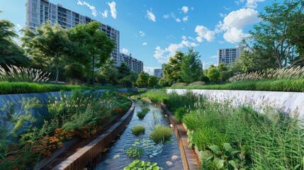 Fototapeta premium A scenic urban green space with integrated water management systems and lush vegetation.