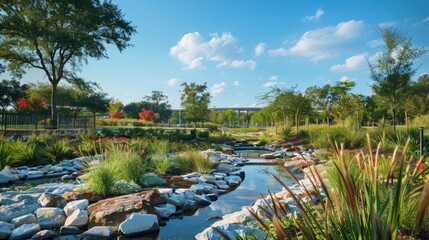 Fototapeta premium A scenic urban park with natural cooling systems and an abundance of native plants.