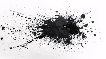 Abstract ink stain with splatter effect, monochrome, isolated on white background