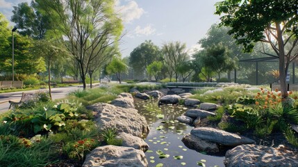 A scenic urban park with natural cooling systems and native plants.