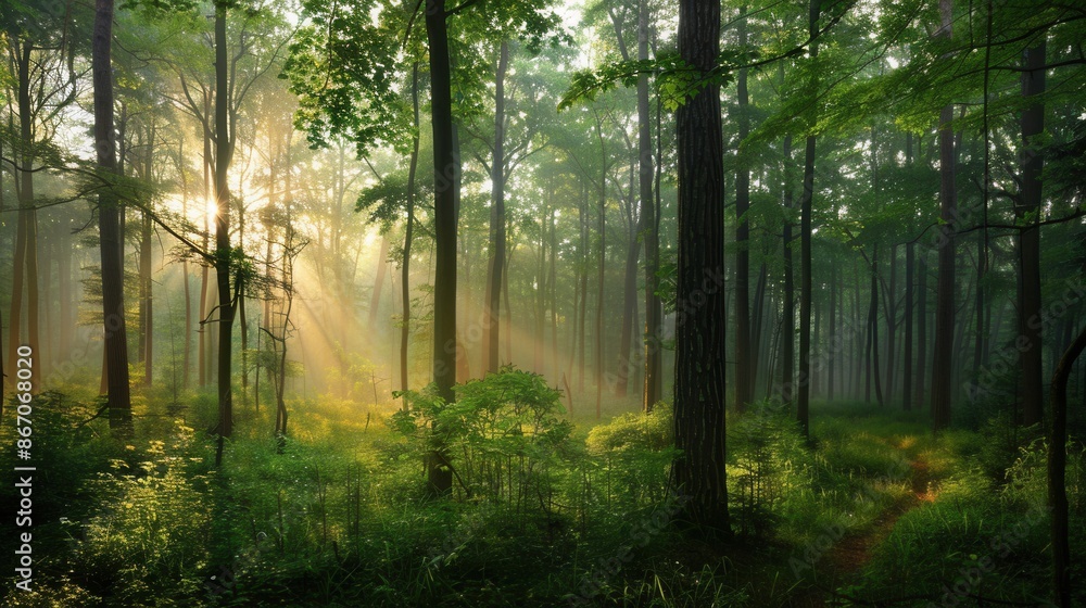 Aufkleber a serene forest landscape at dawn, with sunbeams illuminating the trees and mist creating a mystical