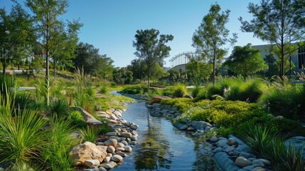 A scenic urban park with natural cooling systems and native plants.