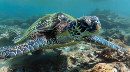 Obraz premium An endangered Hawaiian Green Sea Turtle cruises in the warm waters of the Pacific Ocean in Hawaii. 