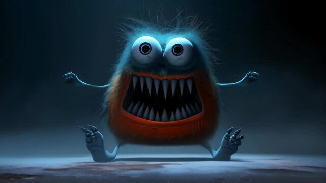 Round red monster with enormous glowing blue eyes and a massive toothy grin. Short arms outstretched, creating a mix of adorable and menacing. Sitting on reflective surface in dim lighting. 