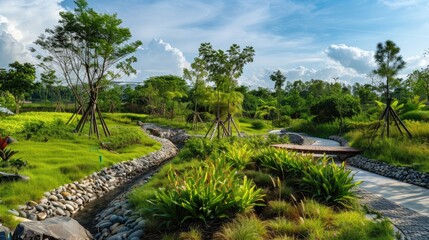 A scenic urban park with natural cooling systems and native plants.