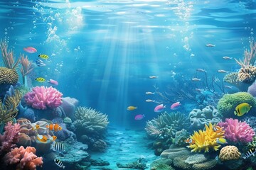 Obraz premium A mesmerizing underwater scene showcasing vibrant coral reefs, colorful fish, and sunbeams illuminating the water. Generative AI