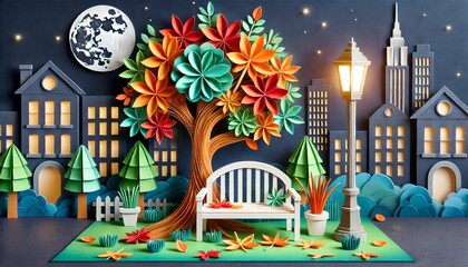 Paper Art Autumn Tree with Bench in Garden at Night