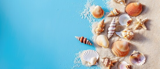 Obraz premium Concept of travel and vacation. Seashells on sandy beach with a blue backdrop. Journey, leisure time. Traveling message. Top-notch image.