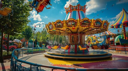 Wide shot of a vintage amusement park with colorful rides