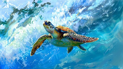 Obraz premium An endangered Hawaiian Green Sea Turtle cruises in the warm waters of the Pacific Ocean in Hawaii. 