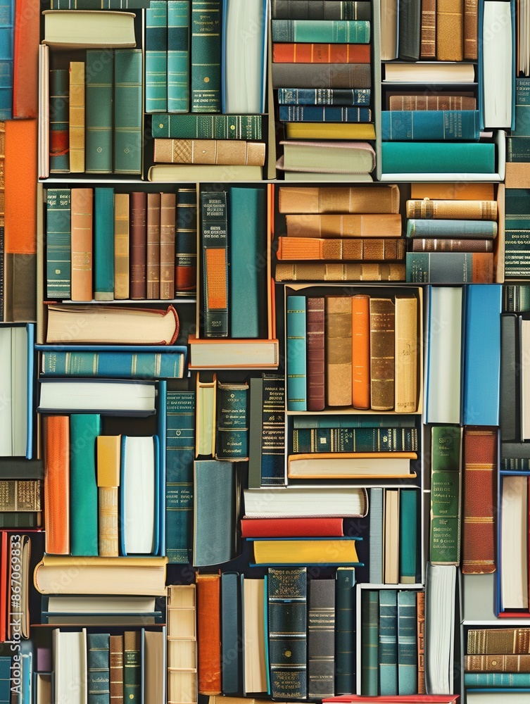 Poster a close-up image of a wall of stacked textbooks, representing the vast knowledge available for onlin