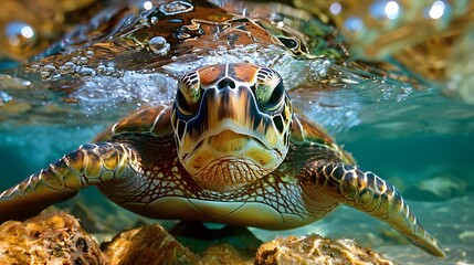 Obraz premium An endangered Hawaiian Green Sea Turtle cruises in the warm waters of the Pacific Ocean in Hawaii. 