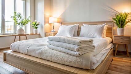 Soft, fluffy white towel neatly folded on uncluttered bed in bright, airy modern bedroom with sleek wooden furniture and walls.