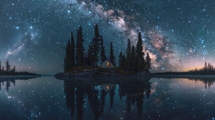 A secluded campsite on a forested island surrounded by calm, reflective lake waters under a starlit sky.