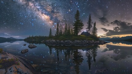 A secluded campsite on a forested island surrounded by calm, reflective lake waters under a starlit sky.