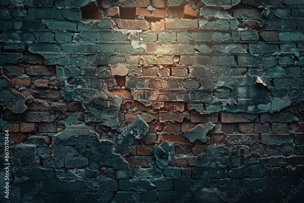 Poster old brick wall background with crumbling plaster, creating a grunge and rustic texture