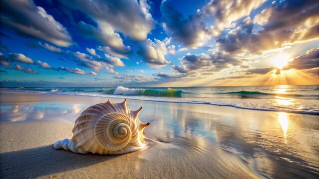 Serenely illuminated spiral shell rests alone on pristine sandy shoreline beneath clear blue sky with wispy white clouds drifting by.