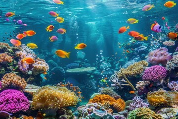 Fototapeta premium An underwater scene showcasing a vibrant coral reef teeming with colorful fish and other marine life. The image is perfect for showcasing the beauty of the underwater world. Generative AI