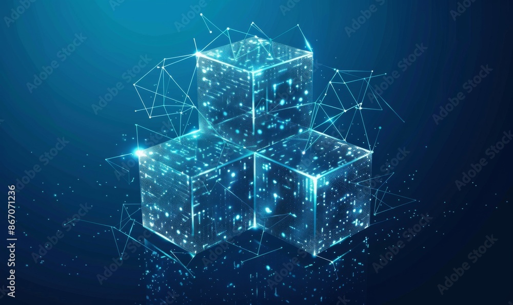 Poster digital illustration of interconnected cubes with upward arrows on dark blue background. glowing whi