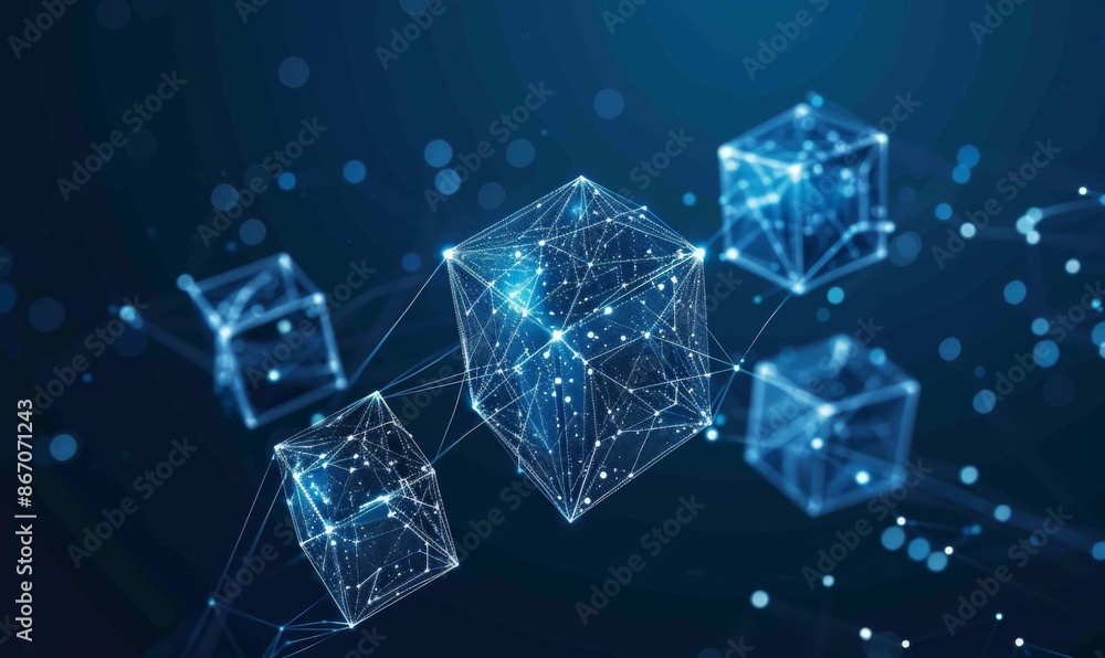 Poster digital illustration of interconnected cubes with upward arrows on dark blue background. glowing whi