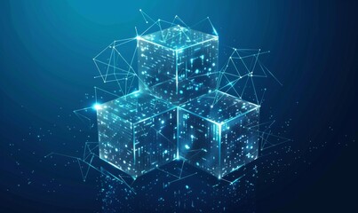 Digital Illustration of Interconnected Cubes with Upward Arrows on Dark Blue Background. Glowing White Light Symbolizing Data Flow and Network Connections.