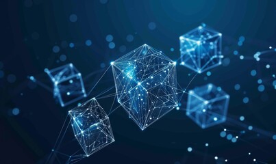 Digital Illustration of Interconnected Cubes with Upward Arrows on Dark Blue Background. Glowing White Light Symbolizing Data Flow and Network Connections.