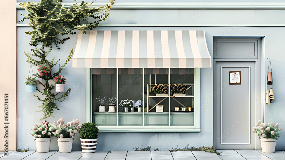 Wall mural small vintage european shop facade, striped awning and plant pots , storefront template