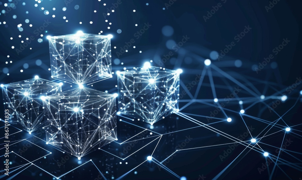 Poster digital illustration of interconnected cubes with upward arrows on dark blue background. glowing whi
