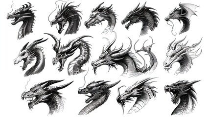 Collection of various dragon head illustrations in black and white. Detailed fantasy dragon sketches. Mythical creature concept for design and print. Flat lay composition on a white background.