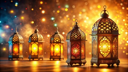 Obraz premium Vibrant intricately designed Arabic lanterns adorn a warm golden background, evoking a magical ambiance of Ramadan celebration and Middle Eastern culture.