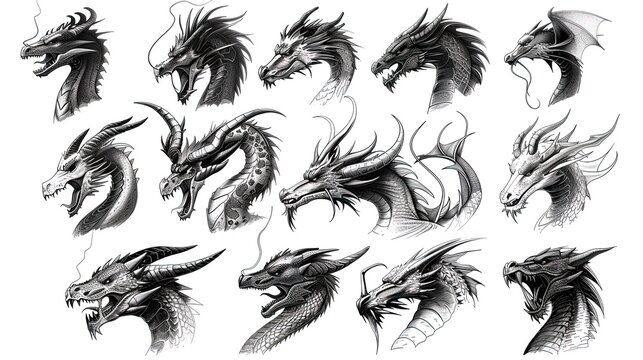 Collection of various dragon head illustrations in black and white. Detailed fantasy dragon sketches. Mythical creature concept for design and print. Flat lay composition on a white background.