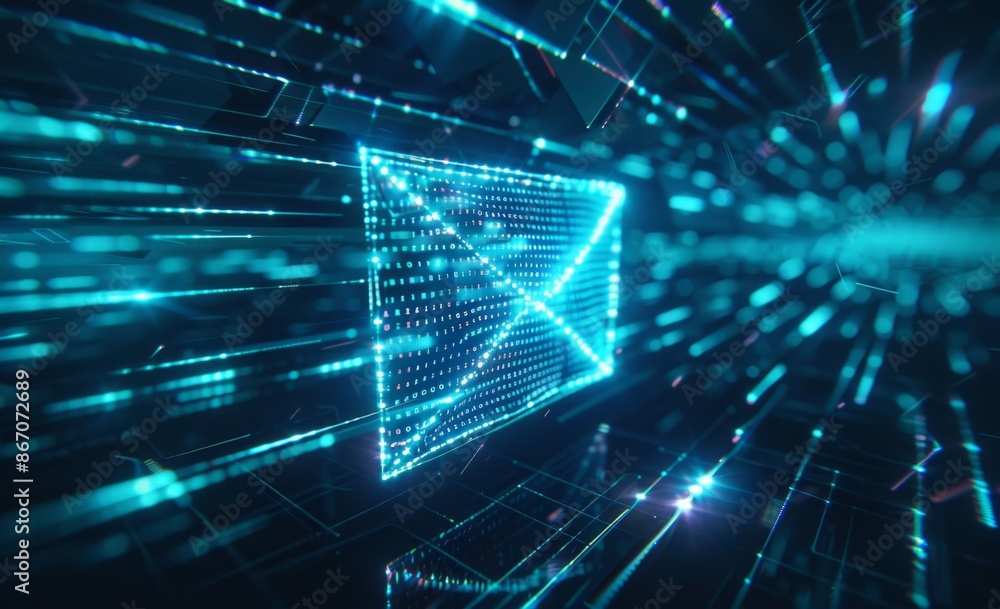 Poster glowing blue digital line enveloping an envelope symbol, representing online cyber sending and recei