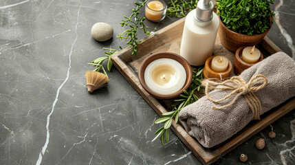 Spa and wellness concept.  Towel, candle, lotion, and herbs on a wooden tray for relaxation and self-care