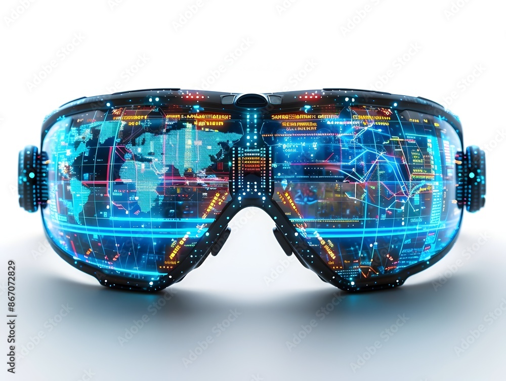 Poster augmented reality glasses projecting digital information and data visualization in futuristic techno