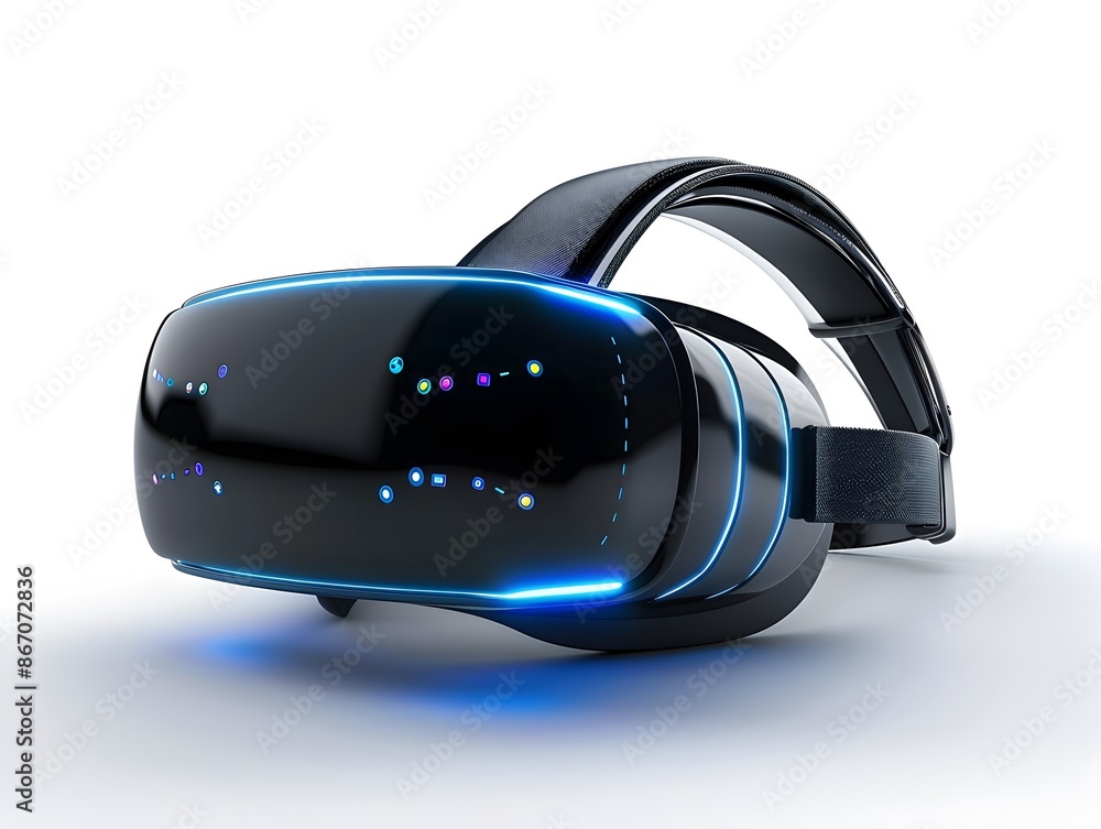 Poster cutting edge virtual reality headset with immersive digital display in background