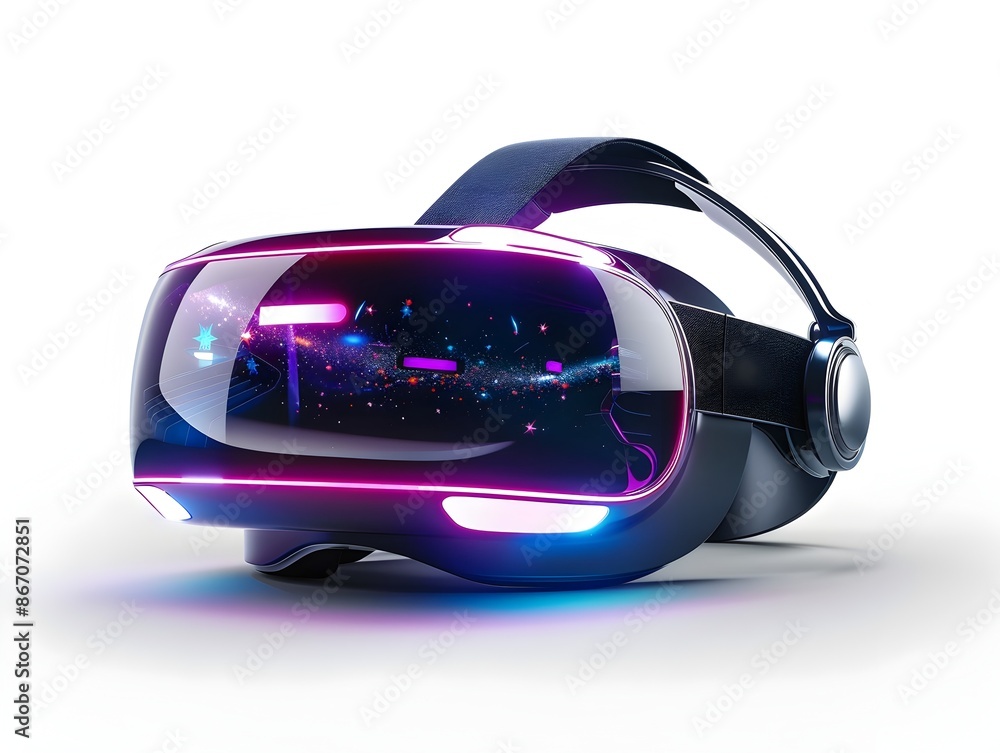 Poster cutting edge virtual reality headset with immersive digital environment displayed in the background