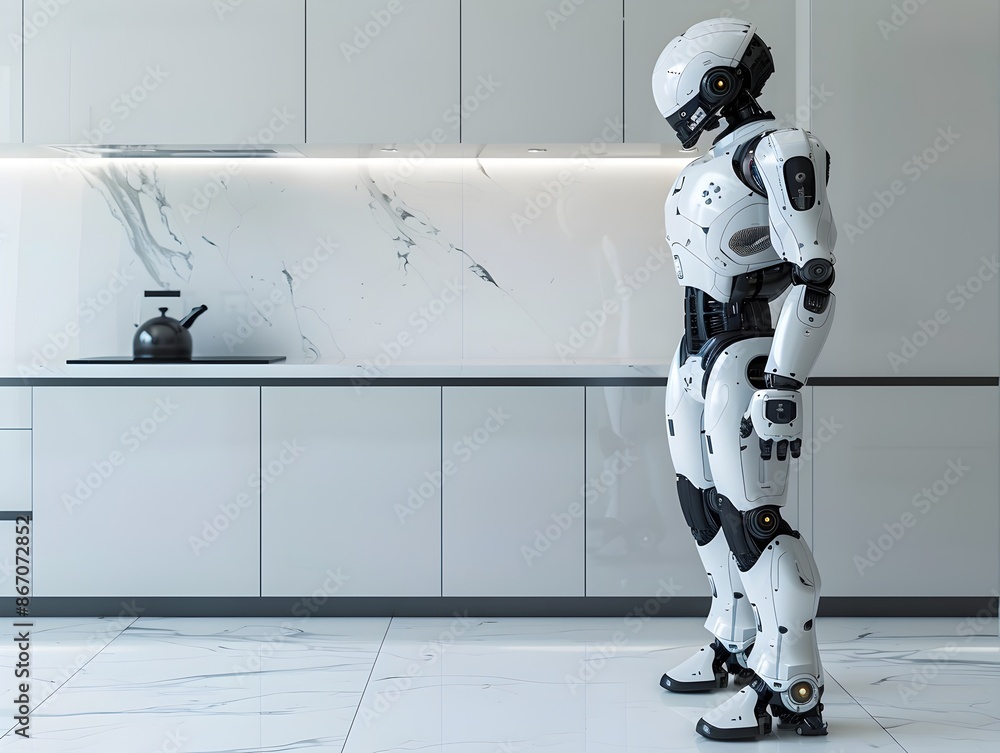 Poster humanoid robot assisting in kitchen showcasing advanced and robotics in domestic environments