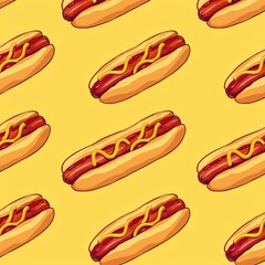 A seamless pattern of hot dogs with mustard on a yellow background.