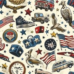 A seamless pattern with Americana icons like flags, eagles, cars, and stars.
