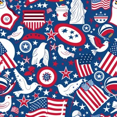 Obraz premium A vibrant seamless pattern featuring American symbols like flags, stars, doves, and patriotic icons. Perfect for celebrating Independence Day or national pride.