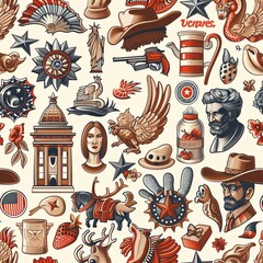 A vibrant seamless pattern featuring American icons, including stars, cowboys, and historical landmarks.