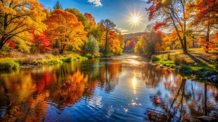 Fototapeta premium Serene autumn landscape with calm river flowing amidst vibrant fall foliage, warm sunlight casting gentle shadows on peaceful surroundings.