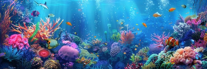 An underwater paradise with vibrant coral reefs and colorful fish swimming through the crystal-clear water. Perfect for diving centers and marine aquariums. Generative AI