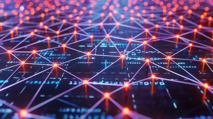Obraz premium A digital grid with interconnected lines and glowing nodes, representing networking