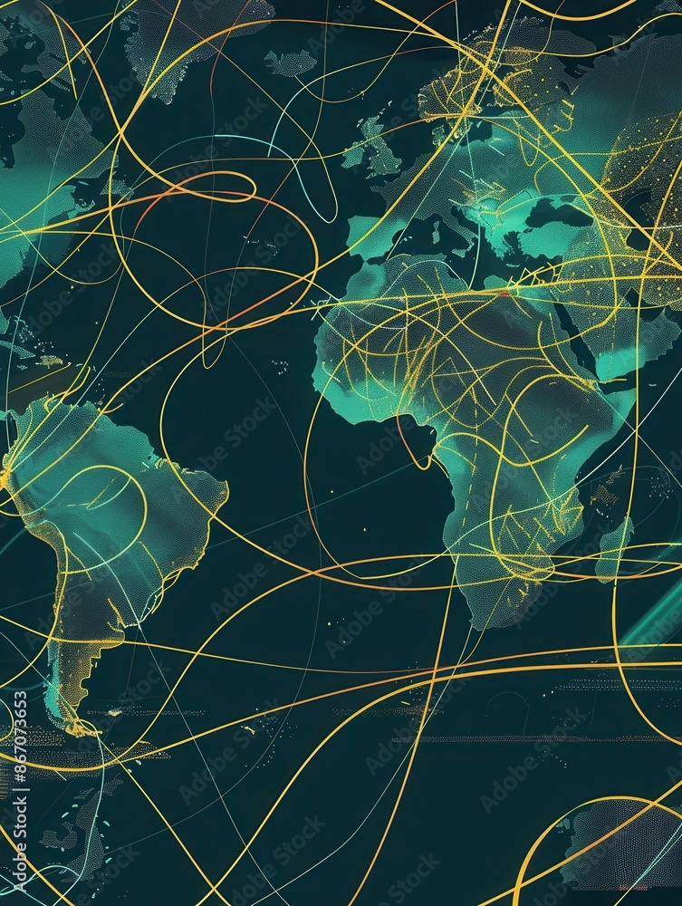Aufkleber A simple and symbolic world map with highlighted travel routes, perfect for travel agencies and booking services. Generative AI