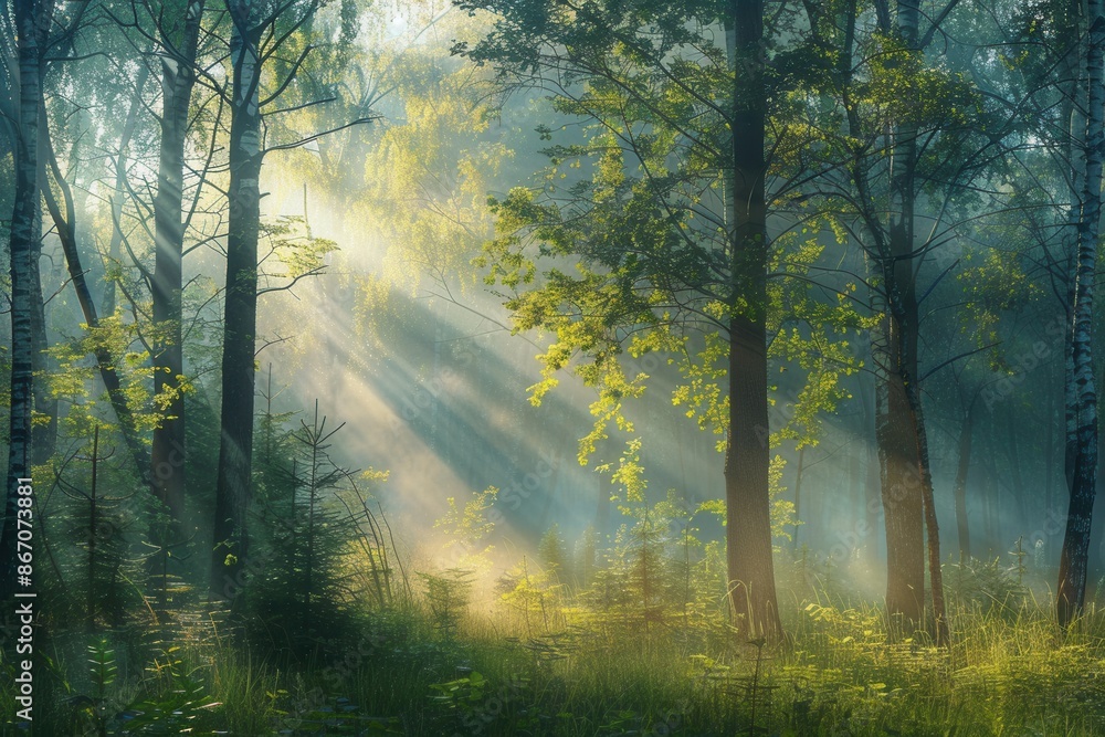 Poster a serene forest scene at dawn, with sunlight filtering through the trees and illuminating the mist. 