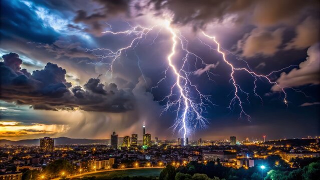 Dramatic slow-shutter capture of intense lightning bolt illuminating dark clouds and cityscape at night in stunning high-definition clarity.