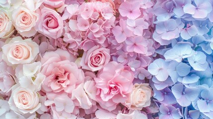 A pastel floral background with a mix of hydrangeas and roses