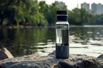 Reusable water bottle by the lake. Concept of sustainability, zero waste, and environmentalism